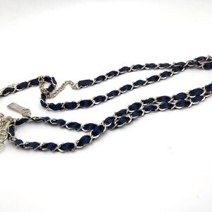 Silver Chain Necklace w/Navy Ribbon, 45" Statement Piece